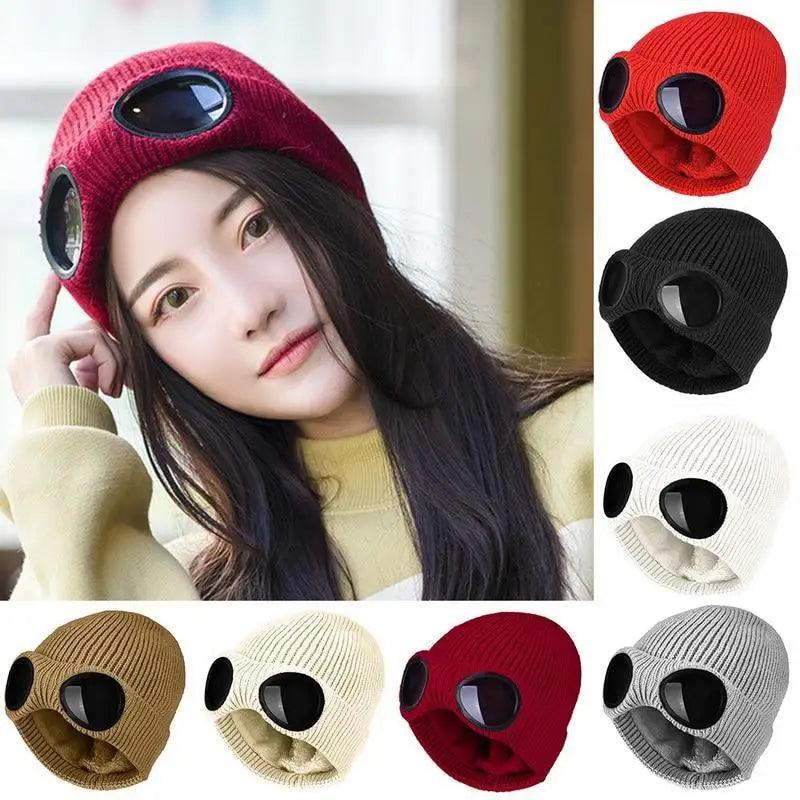 Warm Classic Unisex Wool Knitted Goggles Beanie Comfortable Winter Stylish Hat Outdoor Sports Cap For Men Women New Fashion Multi Function Caps