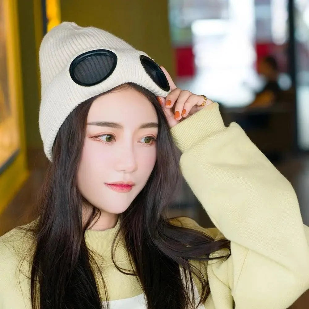 Warm Classic Unisex Wool Knitted Goggles Beanie Comfortable Winter Stylish Hat Outdoor Sports Cap For Men Women New Fashion Multi Function Caps